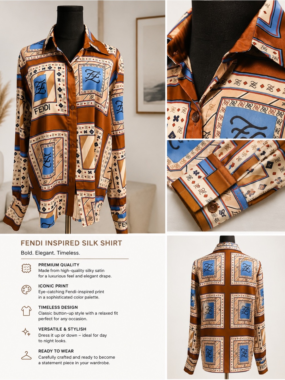 Designer inspired Women’s Brown & Blue Printed Silk Shirt